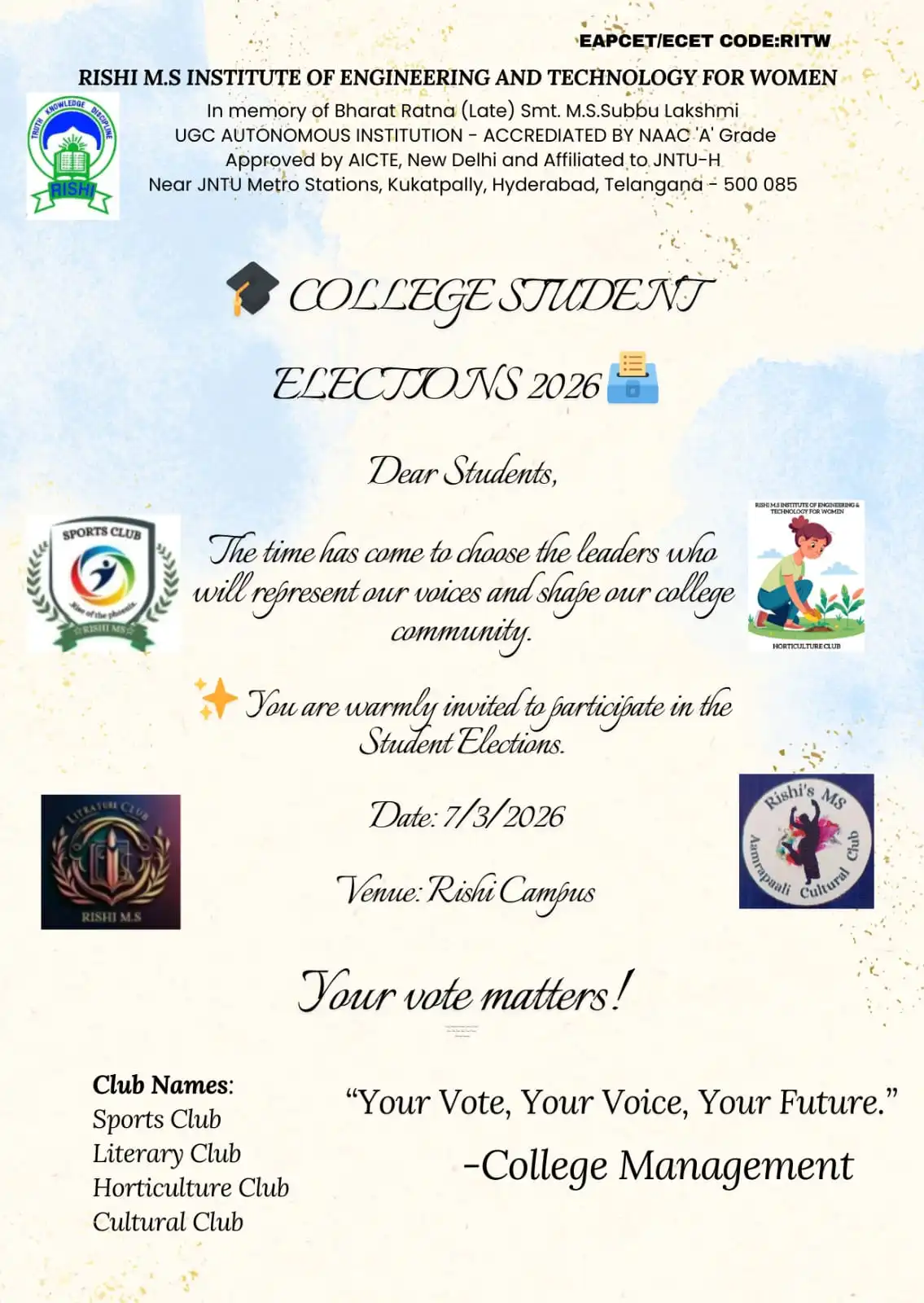 Successful Conduct of Student Elections for Various Clubs – 07-03-2026